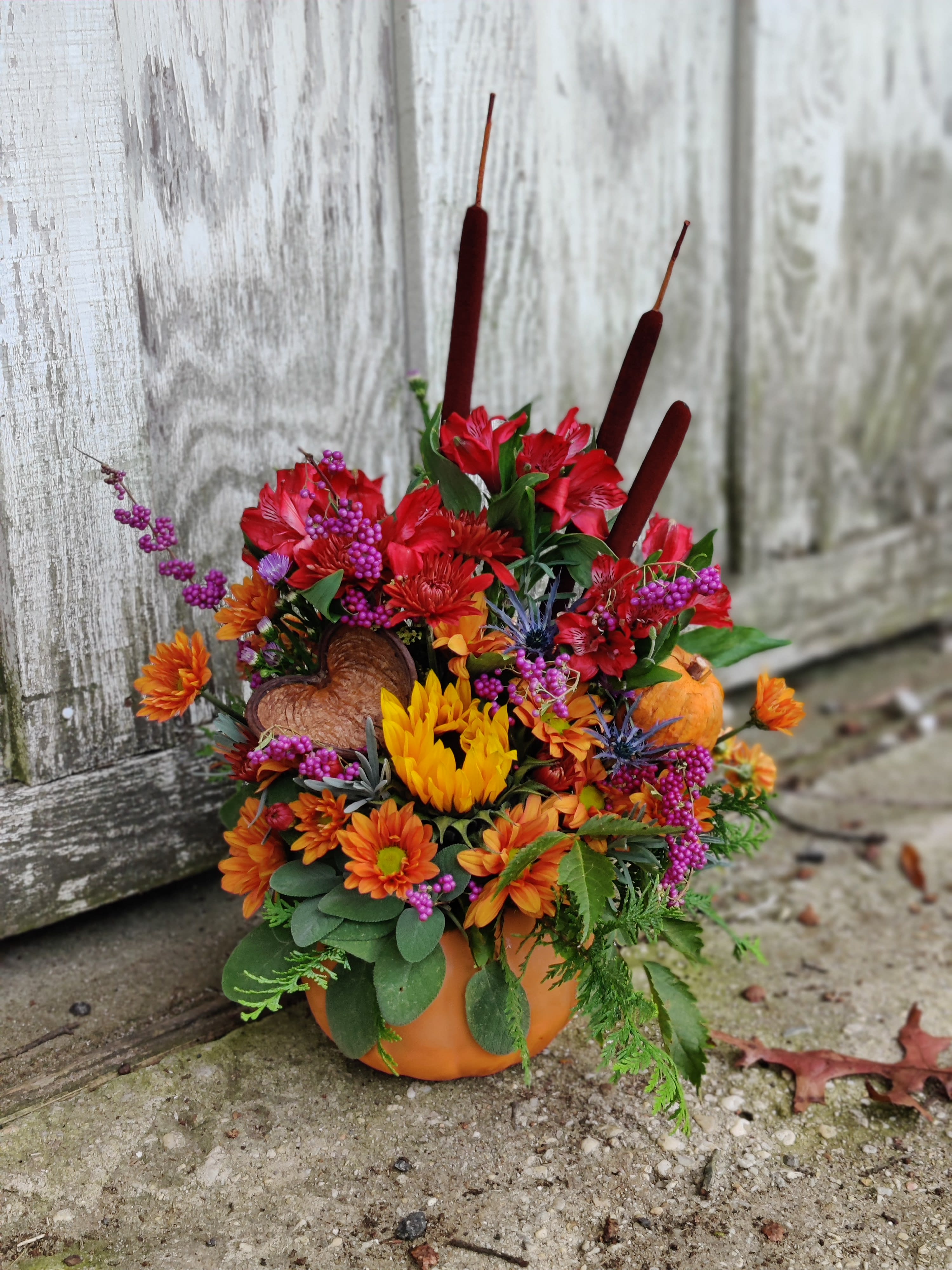 Harvest Pumpkin with Fresh and Dried Flowers  - Enjoy a ceramic pumpkin filled with flowers!