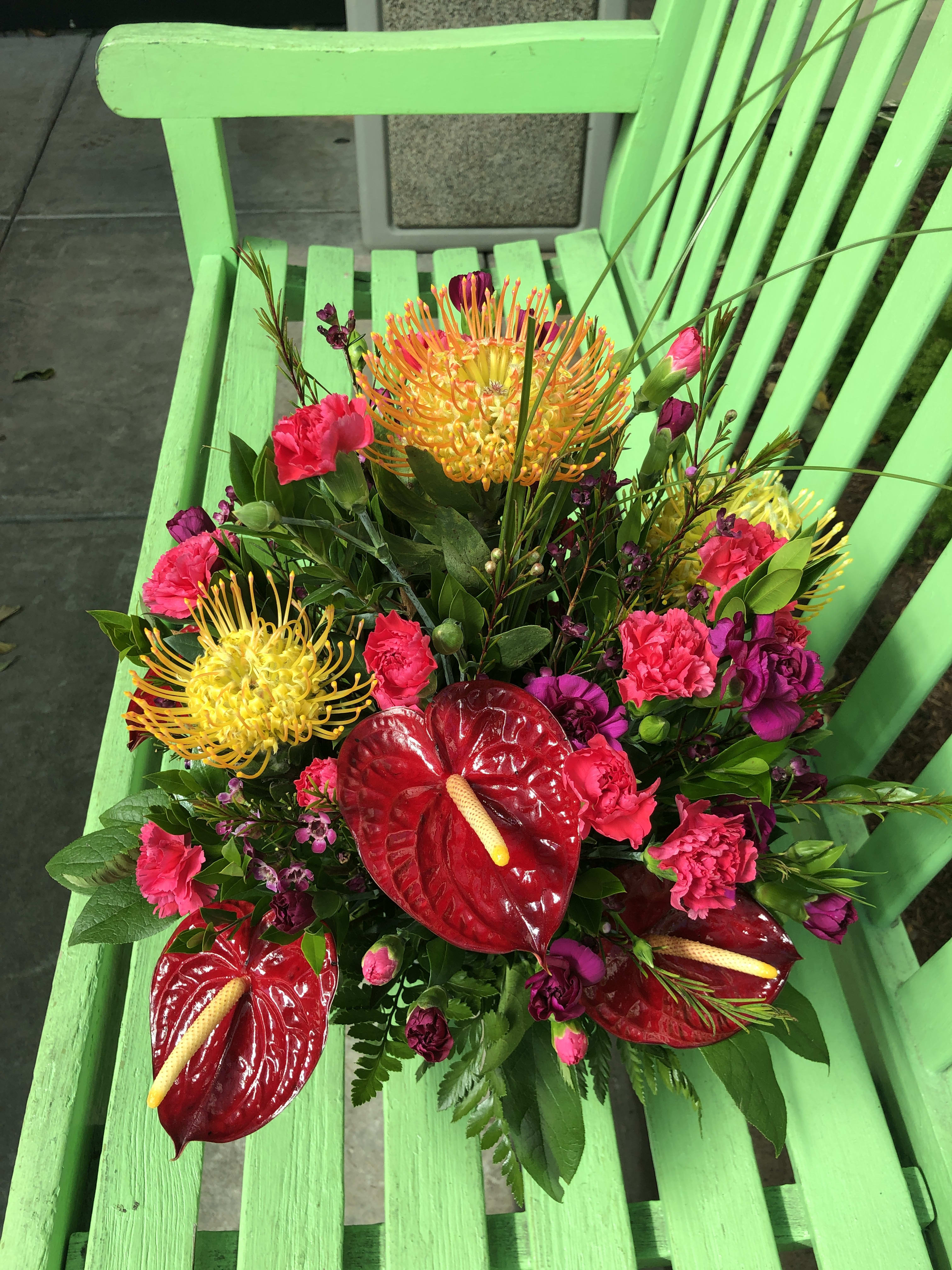 Tropical Lucious AR05050 - Burst of sun rise with tropical heart of anthuriums. 