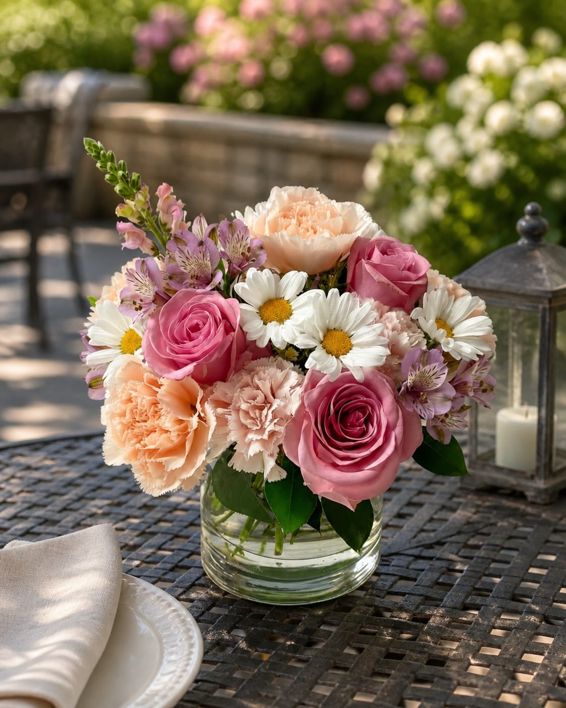 Peach Blossom Delight - A radiant celebration of warmth and grace, this charming arrangement blends blush pink roses, soft peach carnations, cheerful white daisies, and touches of lavender for a sweetly sophisticated look. Perfect for Mother’s Day, it captures the joy, love, and beauty that make her day truly special.