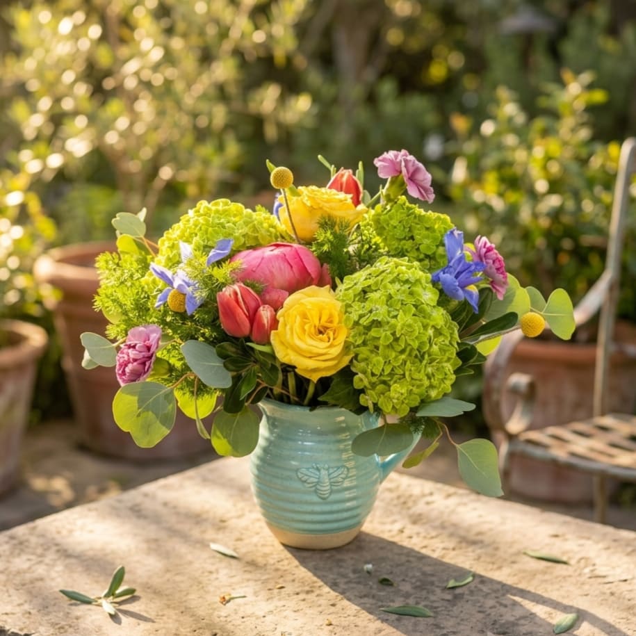 Bee-utiful Blooms - A Moss Flowers Original. Bright, cheerful, and full of garden charm, Bee-utiful Blooms is a delightful arrangement that brings the beauty of the outdoors inside. Featuring vibrant green hydrangeas, sunny yellow roses, playful tulips, colorful accent blooms, and fresh eucalyptus, this whimsical design is arranged in an adorable bee-inspired keepsake pitcher. Perfect for birthdays, thank you gifts, housewarmings, or simply brightening someone's day, this bouquet is sure to create smiles wherever it blooms.