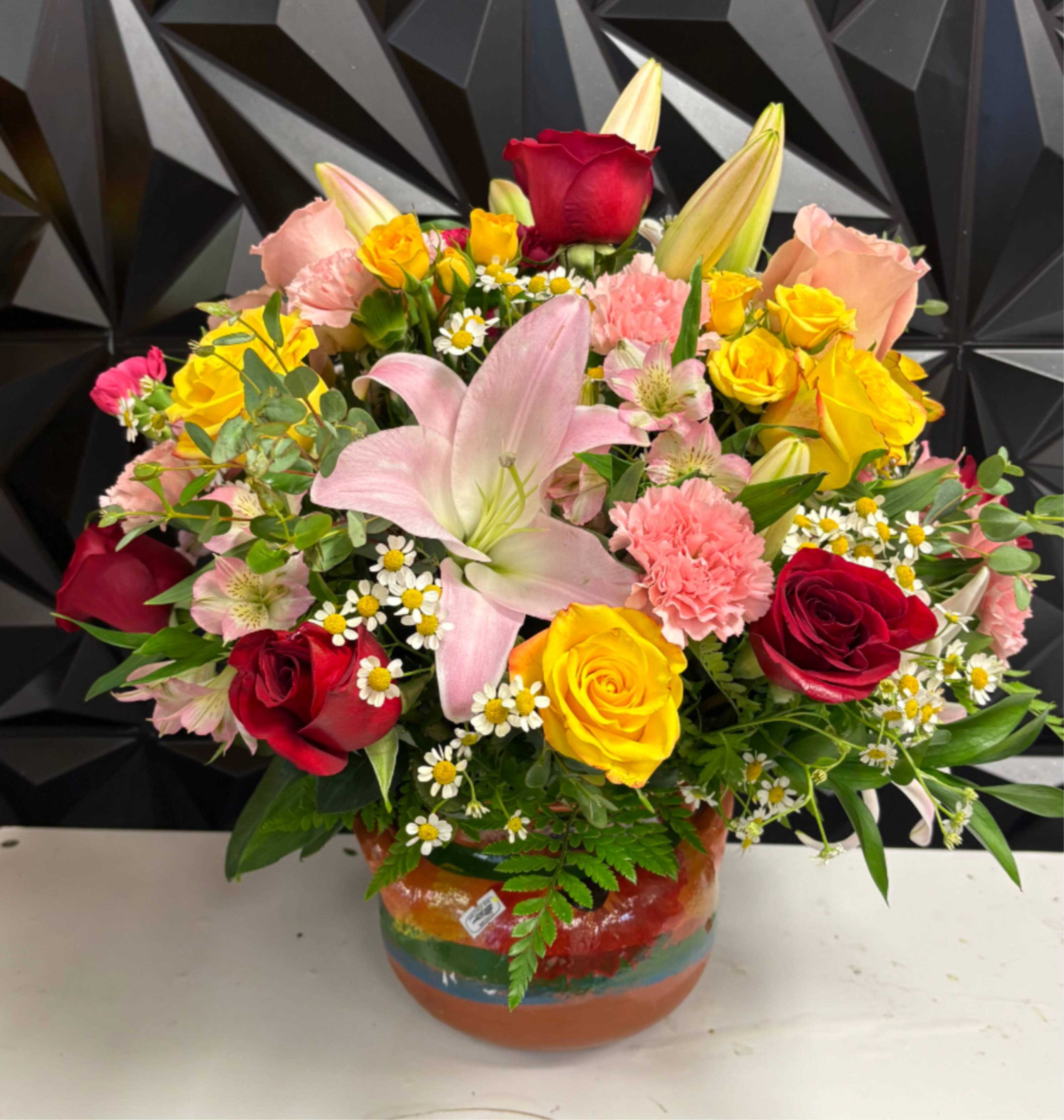 Medium Cantarito - 1 full Dozen mix blooms . Colorful arrangement 