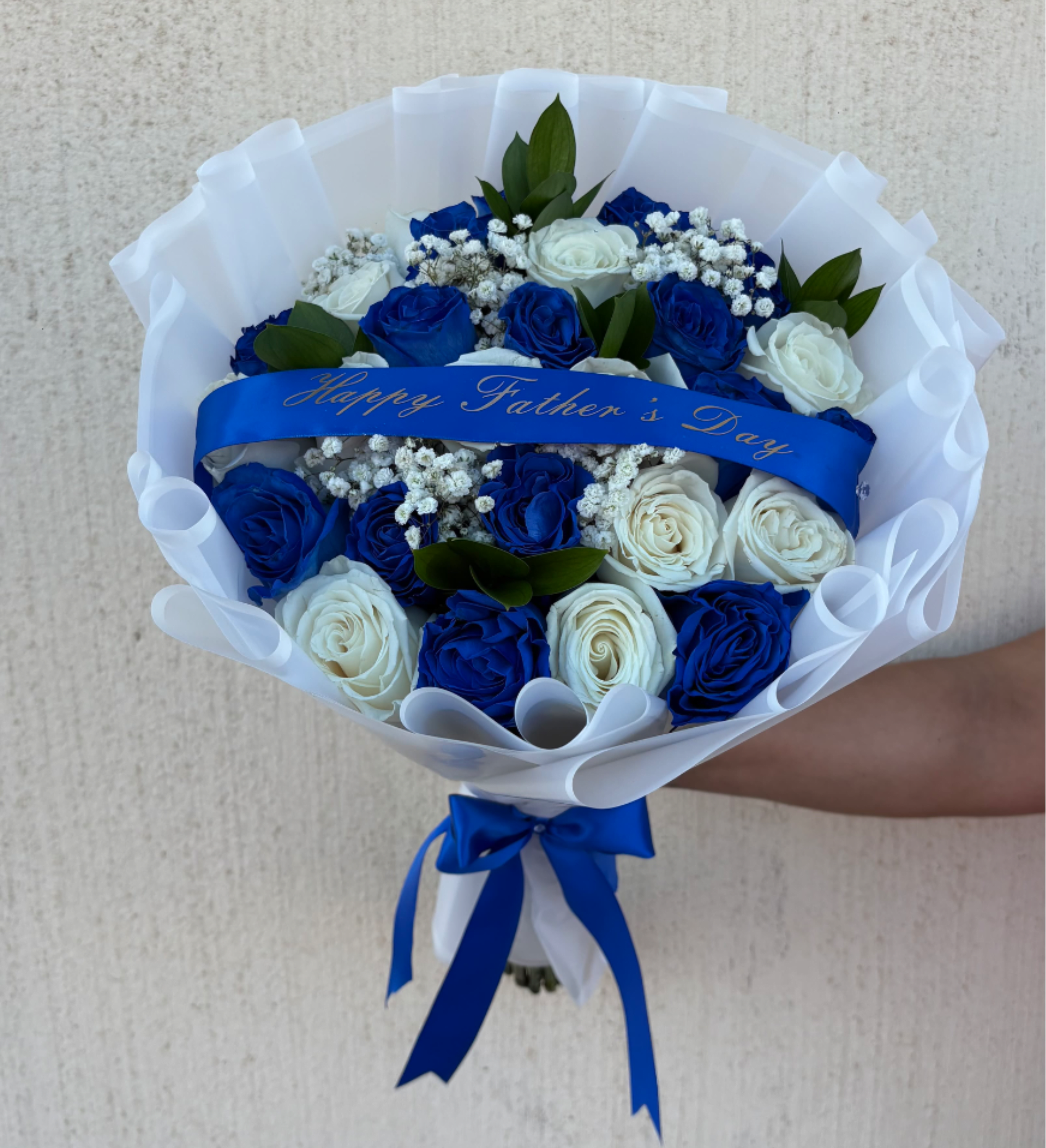 BLUE CLASSIC  - 2 Full Dozen White &amp; Blue  Wrapped In Elegant white Swirl Paper 