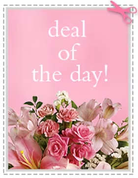 Deal of today - A soft, spring-ready mixed flower arrangement perfect for Women's Day, birthdays, or a thoughtful just-because gift. This cheerful bouquet features pink roses and carnations paired with pale lilies, alstroemeria and small white filler blossoms for a romantic, feminine palette that reads bright and uplifting-the kind of arrangement that makes her feel noticed and celebrated.  The composition is full and rounded with pink, white and green accents that create a fresh, garden-picked look. Included hard goods: a printed "deal of the day!" sign and scissors; arrangement is presented in a retail-style clustered format rather than a formal vase. Colors and textures-from the velvety rose petals to the soft carnation frills and elegant lily blooms-combine for a pleasing visual contrast.  Ideal for sending to a friend, mom, coworker, or anyone who deserves a sweet surprise on Women's Day or any special moment. Order sizes are a single clustered bouquet as shown; for best longevity, keep blooms in fresh water, recut stems and remove wilted foliage as needed.