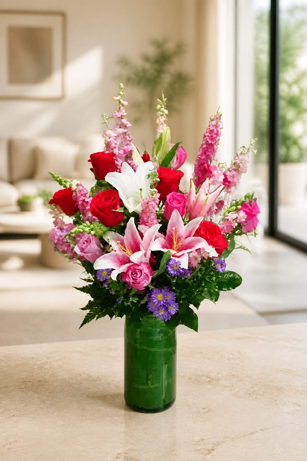 Mixed bouquet of roses, lilies, and purple daisies in a green glass vase