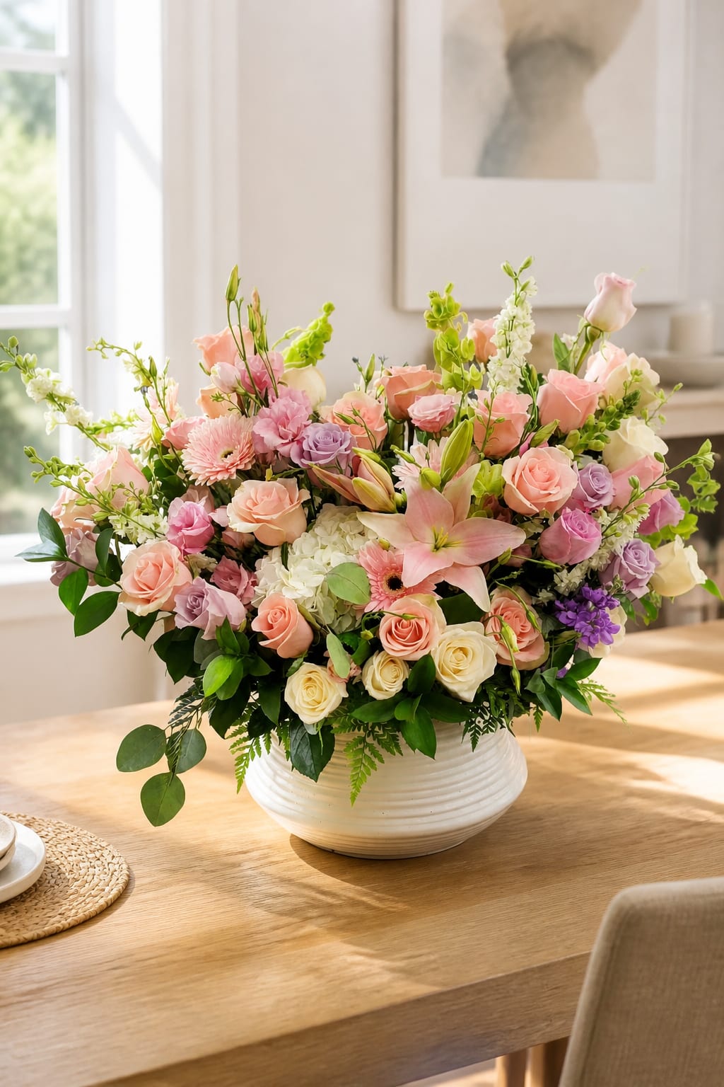 Large pastel flower arrangement in a white bowl vase on a table