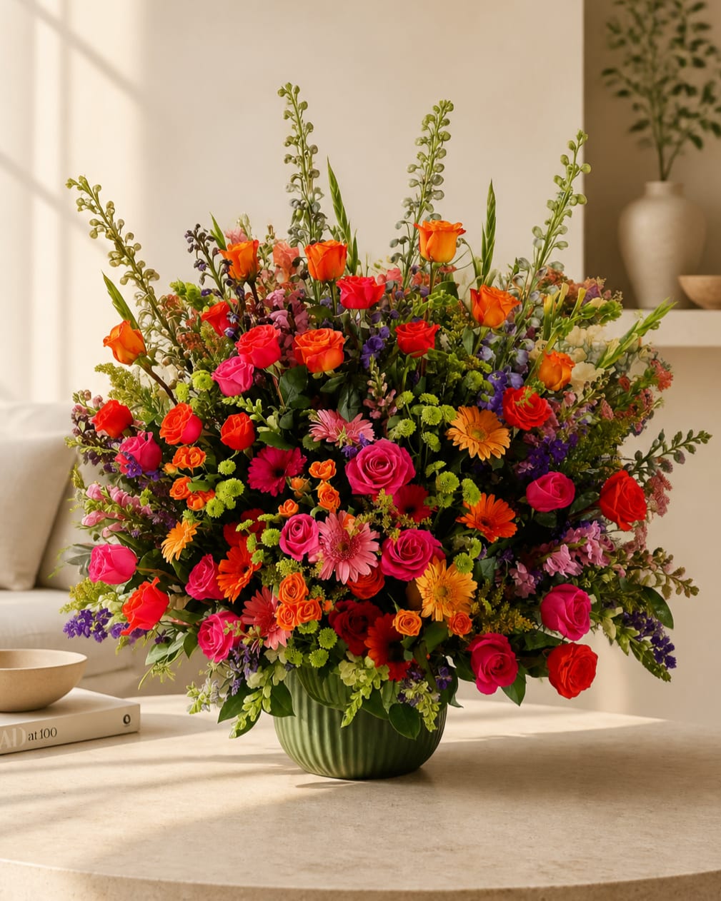 Large mixed bouquet of roses and daisies in a green vase
