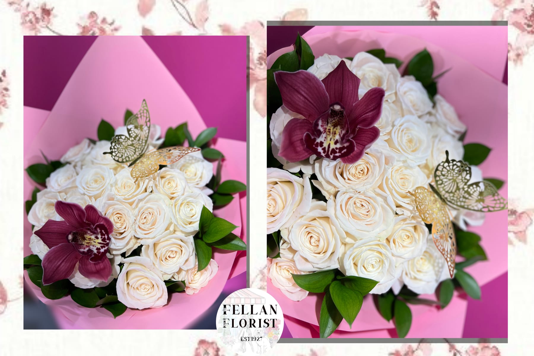 Round bouquet of cream roses with a burgundy orchid and gold butterfly picks in pink wrap.