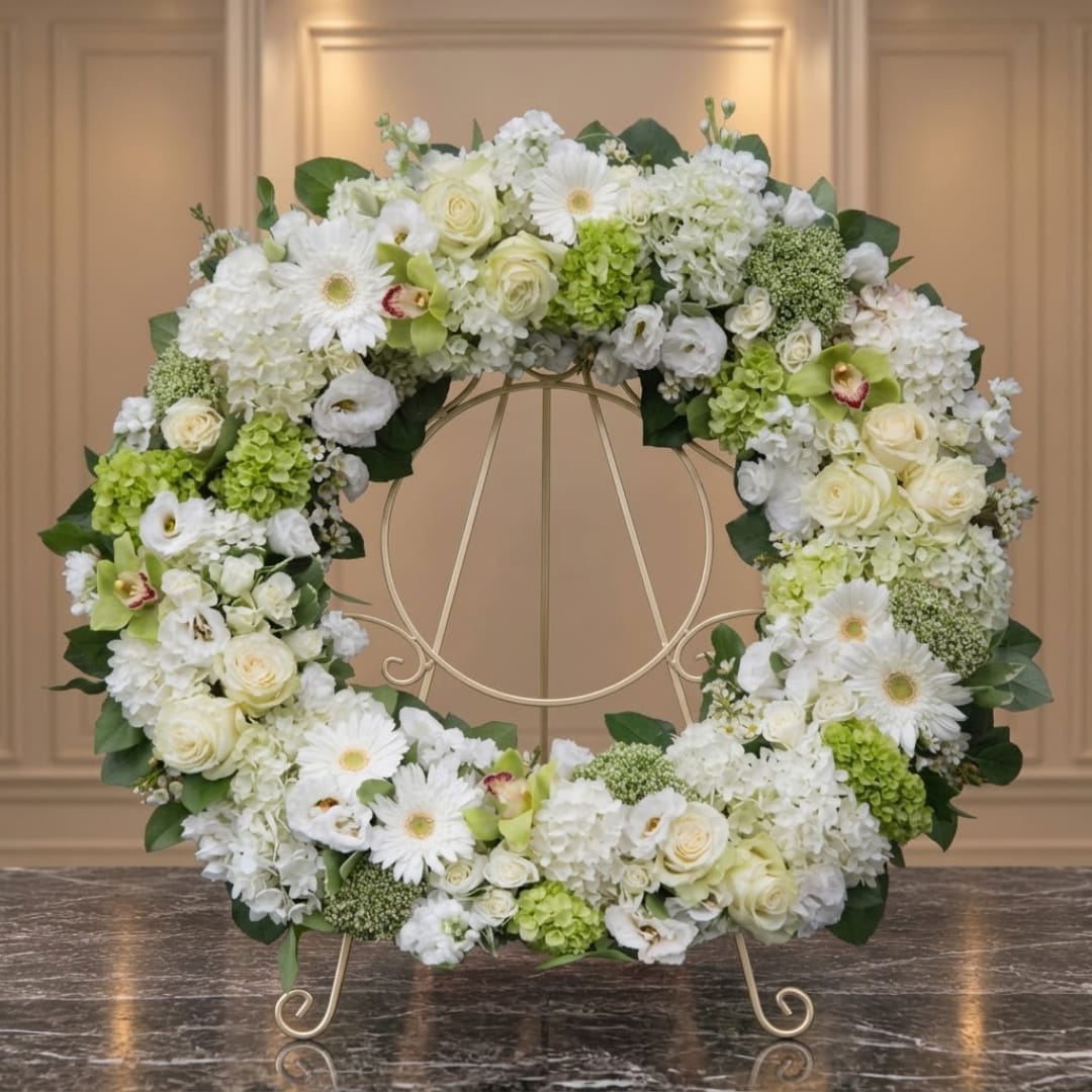White and green floral wreath on a gold stand