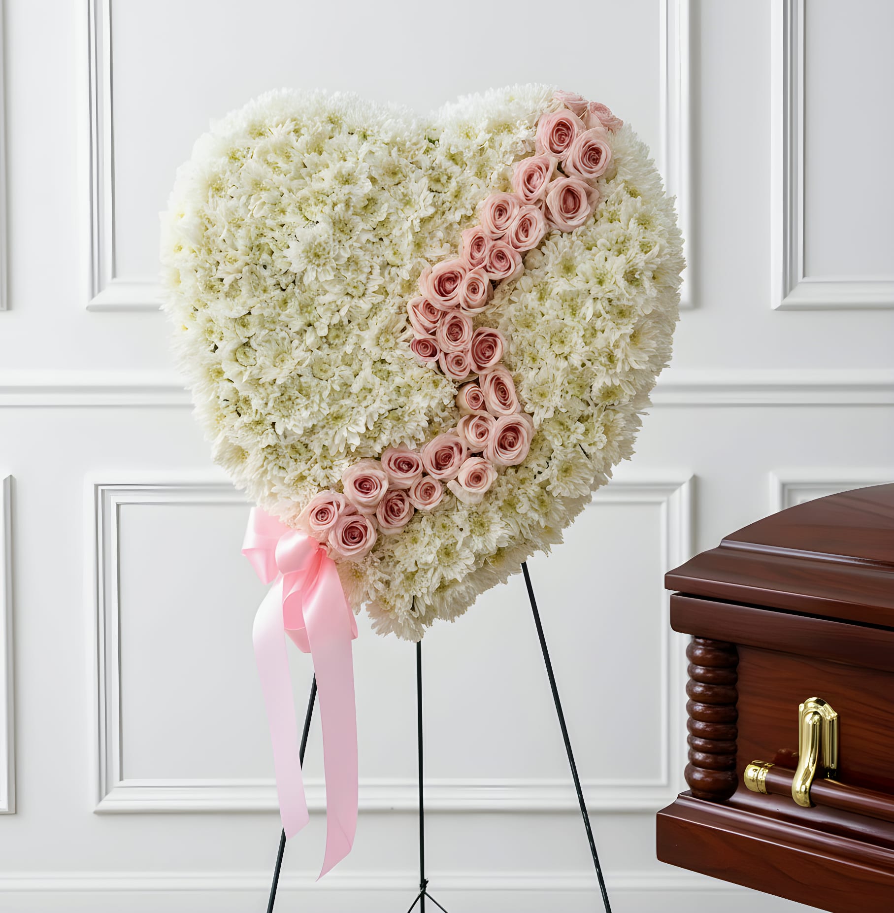 Heart-shaped white floral tribute with pink roses on a stand beside a casket