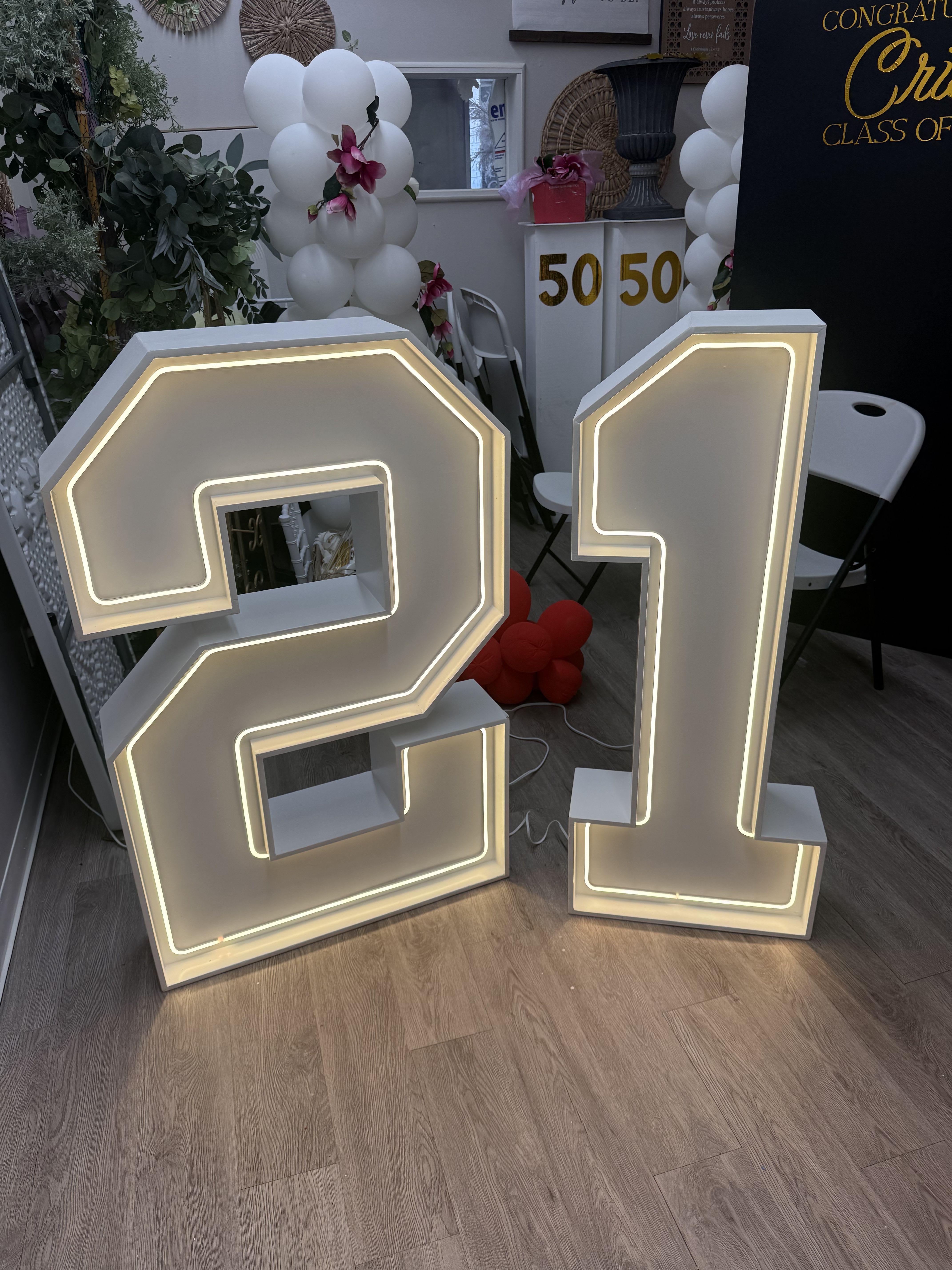 21 Neon Numbers (4ft) FOR RENT  - 4ft wooden numbers for a 21st birthday celebration. Delivery and set up additional depending on event location. 