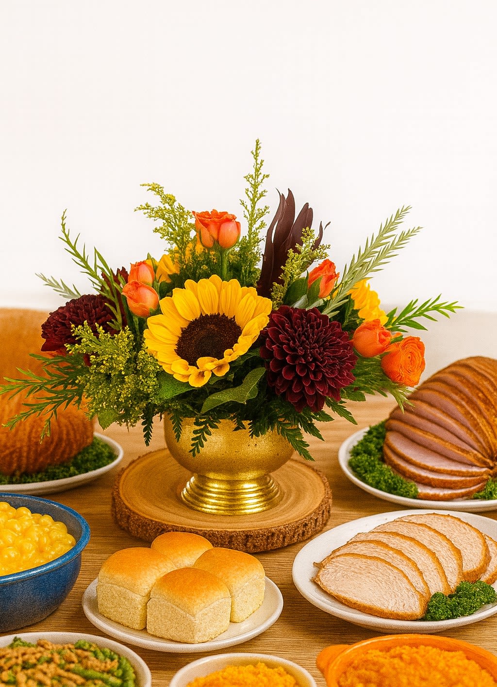 Low centerpiece with a yellow sunflower, orange roses, and burgundy mums in a gold vase on a dinner table.