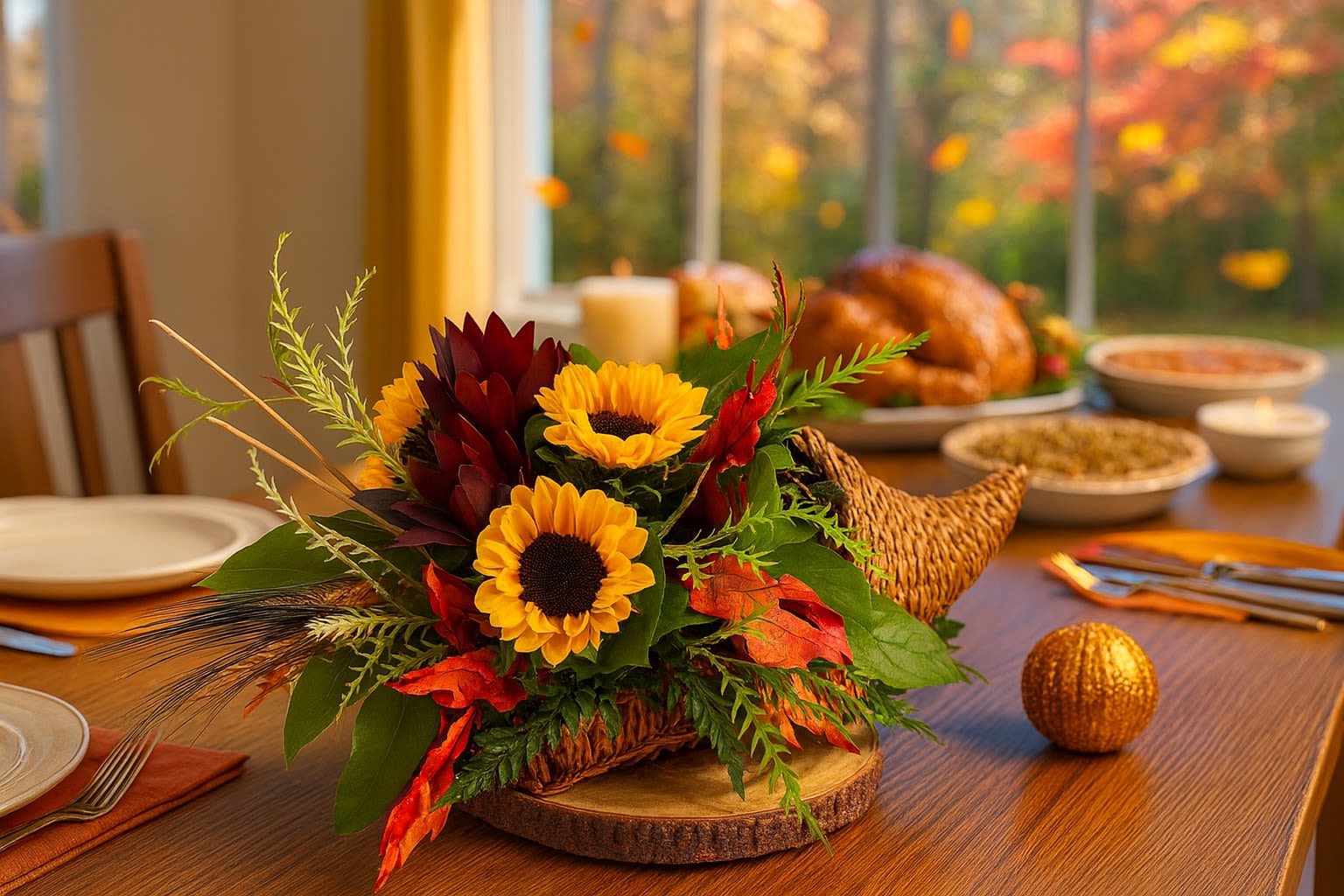 Cornucopia centerpiece with yellow sunflowers and dark red blooms on a wooden slice base