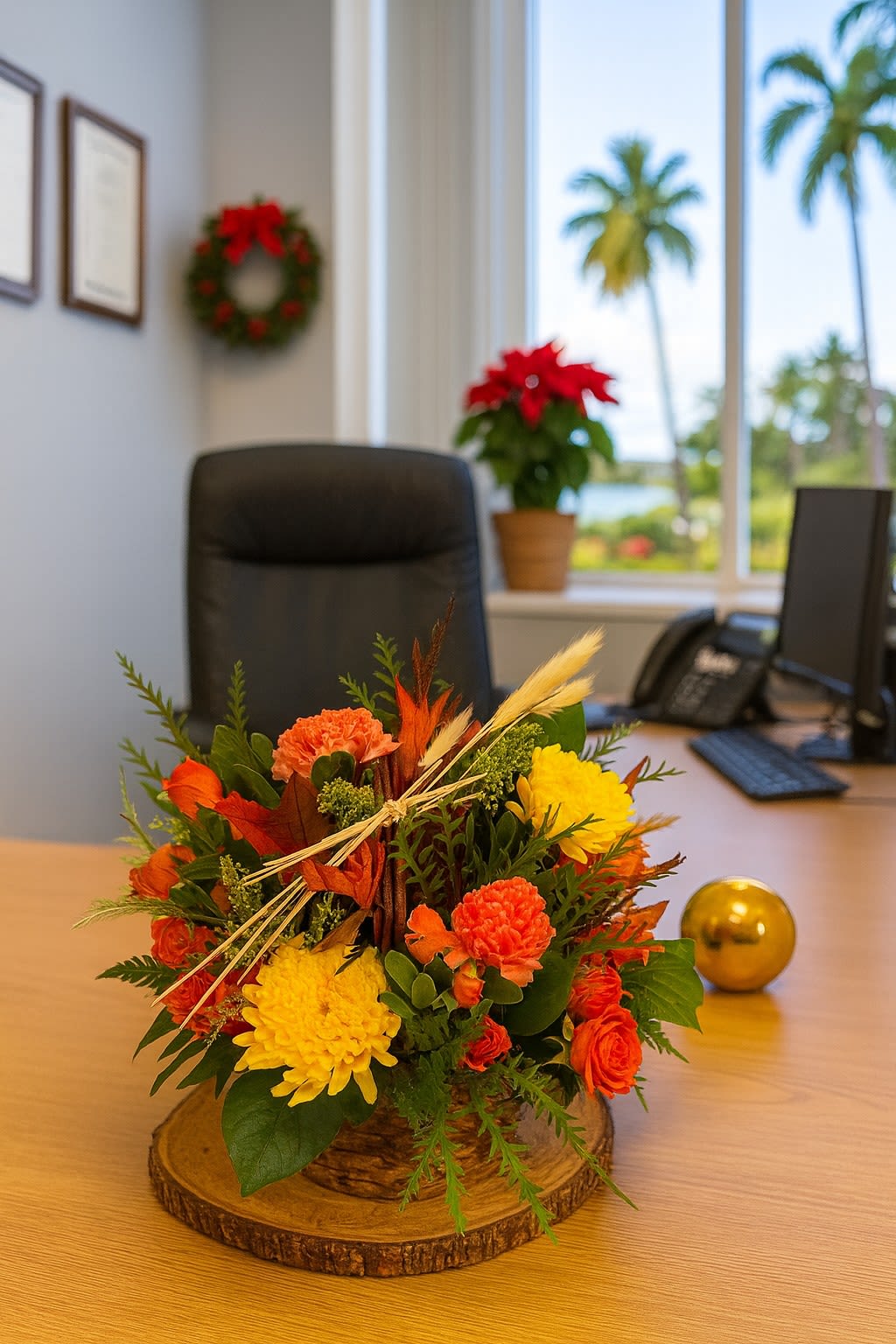 Low orange and yellow flower arrangement on a wood slice base on an office desk