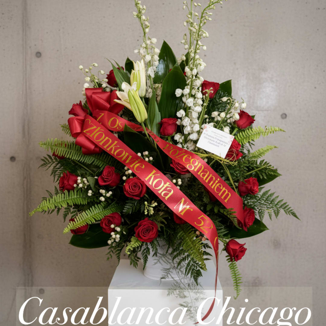 Red rose and white lily arrangement with a red ribbon in a white vase