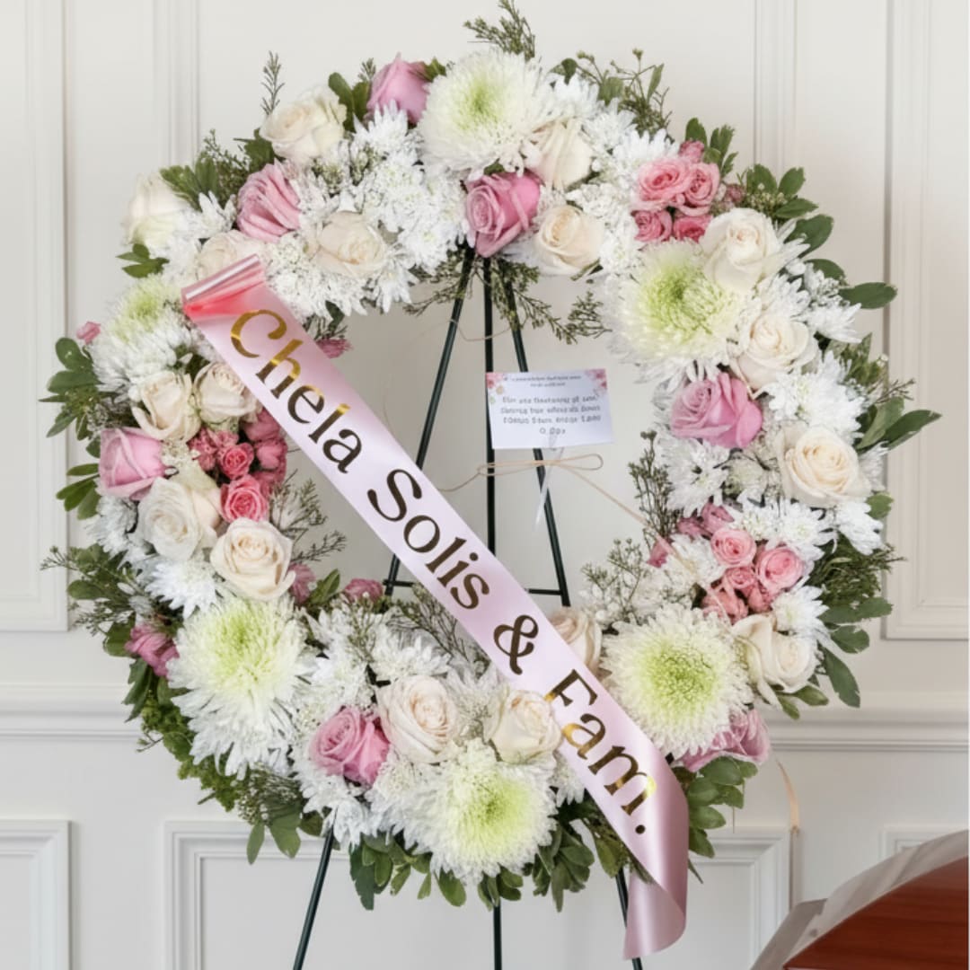 Heart-shaped floral wreath with pink and white flowers and a ribbon