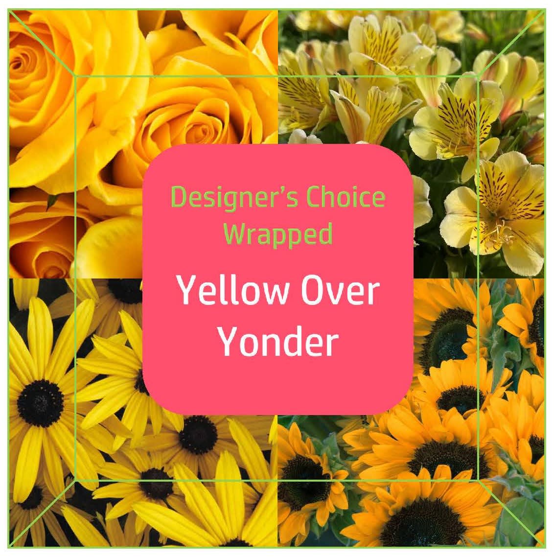 Yellow roses, alstroemeria, and sunflowers arranged around a label