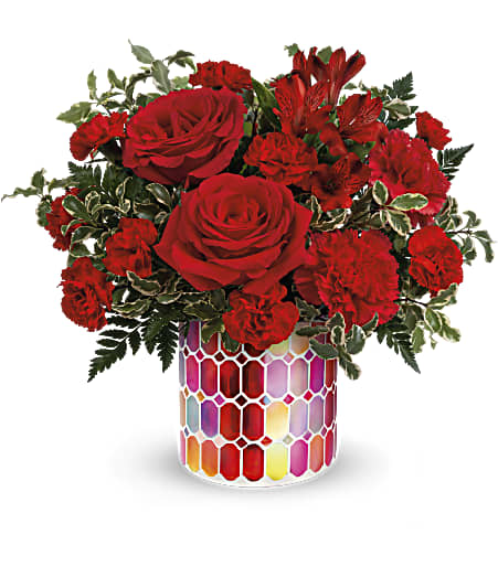 Magnificent Mosaic Bouquet - Make today truly magnificent! With an eye-catching and bold red rose bouquet, presented in a keepsake stained glass mosaic vase, you'll sure to impress this time. Approximately 14 inches wide and 12 1/2 inches tall for the Standard size.