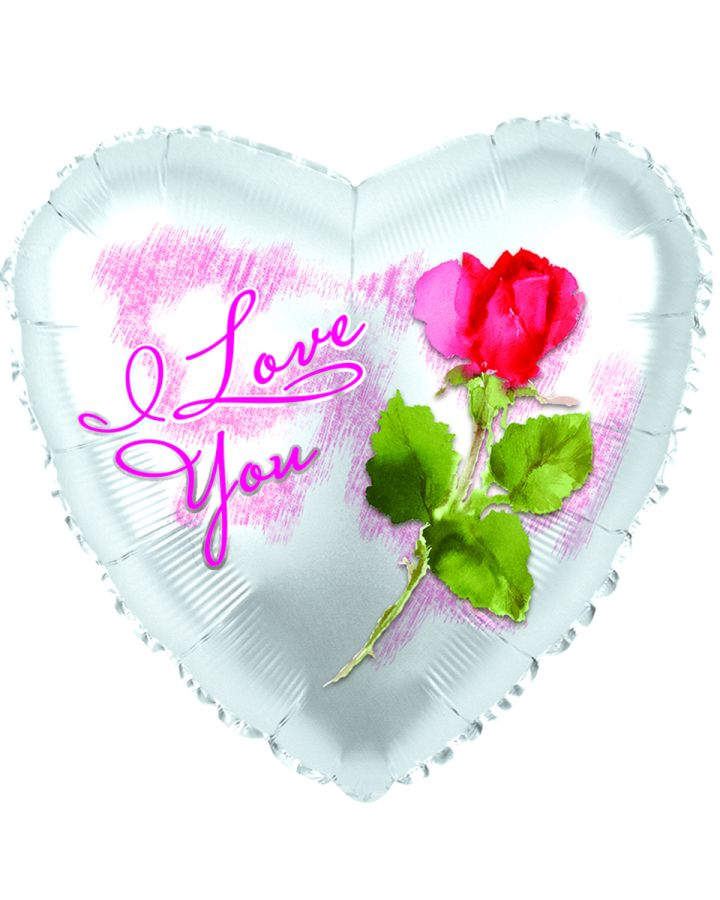 Heart-shaped foil balloon with a rose and "I Love You" text