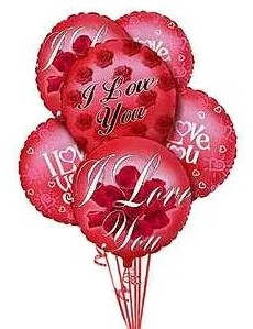 Cluster of red heart-shaped balloons with love messages