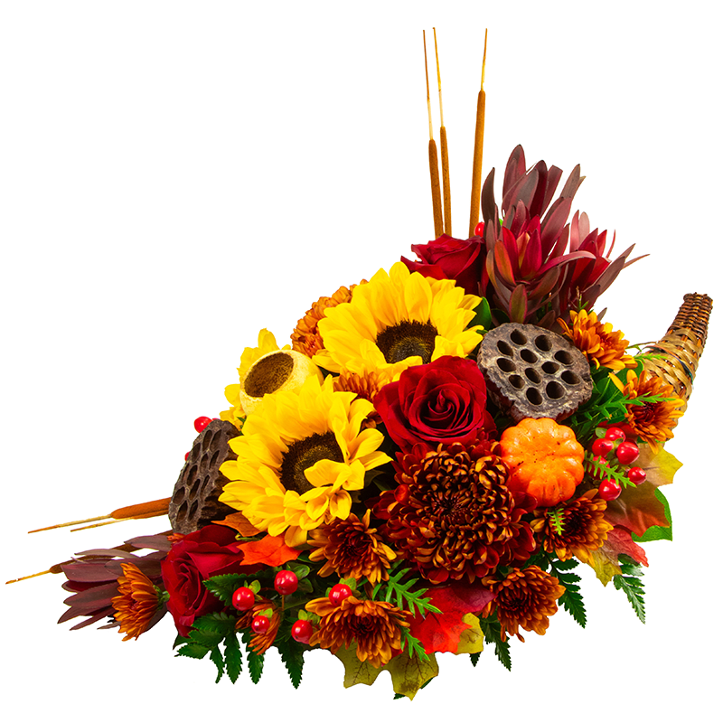 Autumn bouquet with sunflowers, red roses, and orange mums