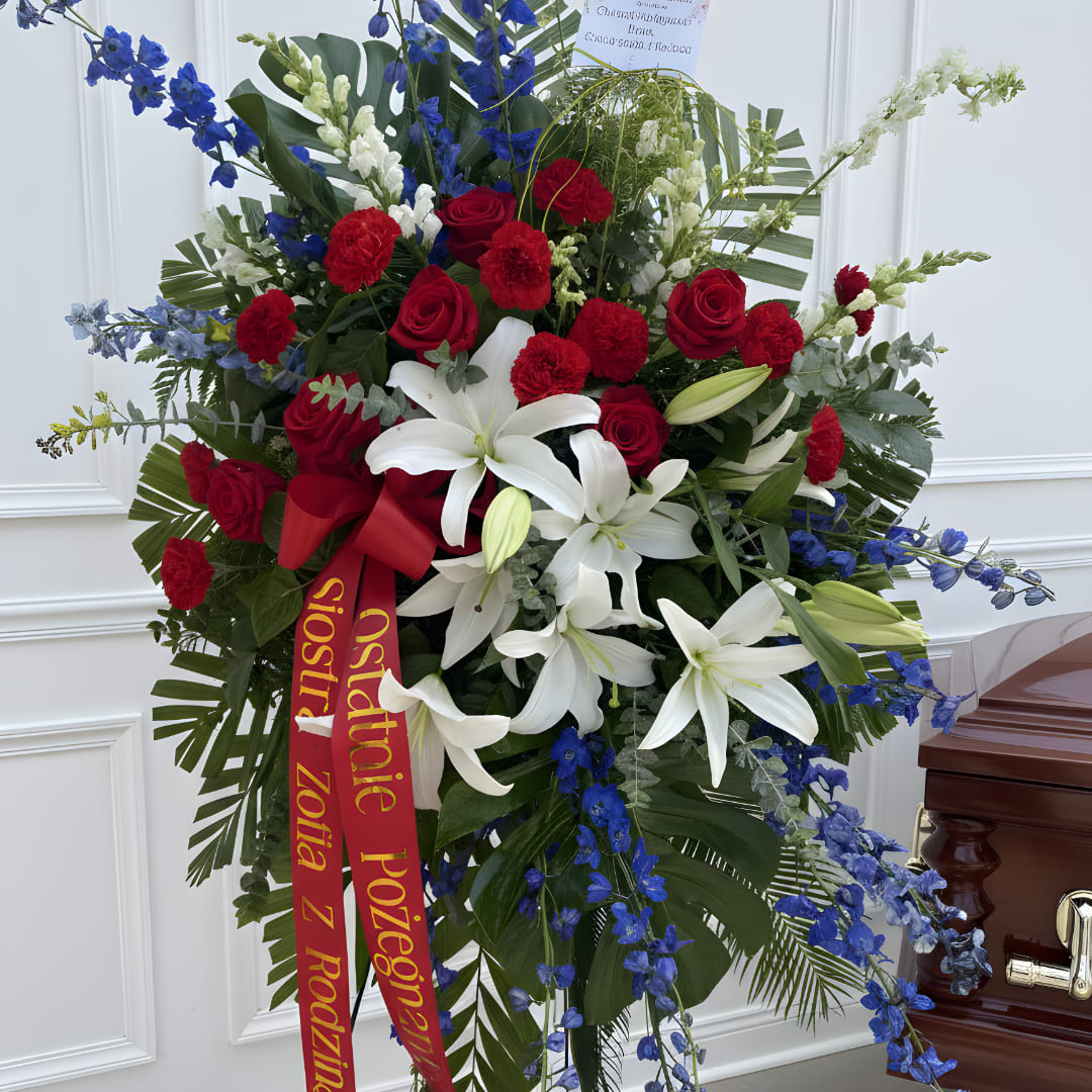 Large standing floral spray with red roses, white lilies, and blue flowers