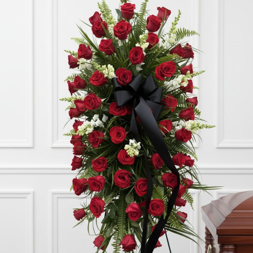 Standing spray of red roses with white accents and a black ribbon