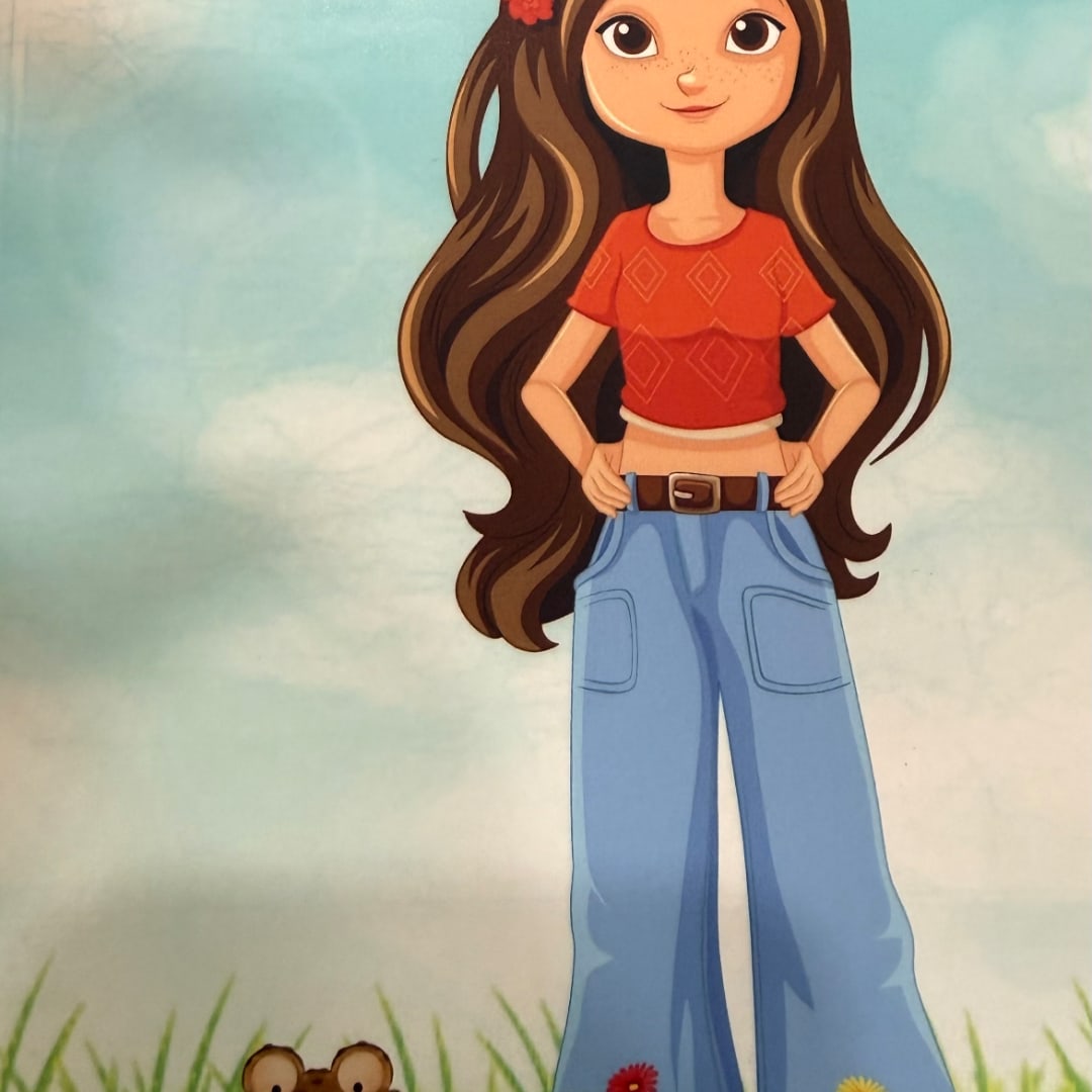 Illustration of a girl in a red shirt and blue pants with a small teddy bear at the bottom