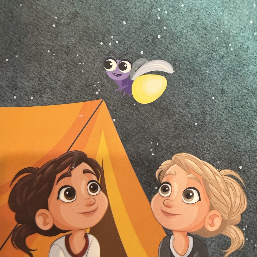 Cartoon girls looking at a purple firefly above an orange tent