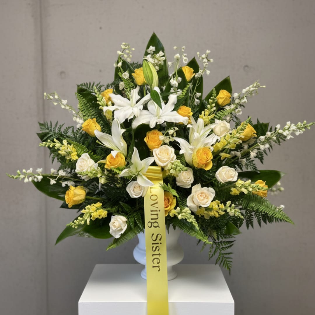 White lilies and yellow roses in a vase with a yellow ribbon