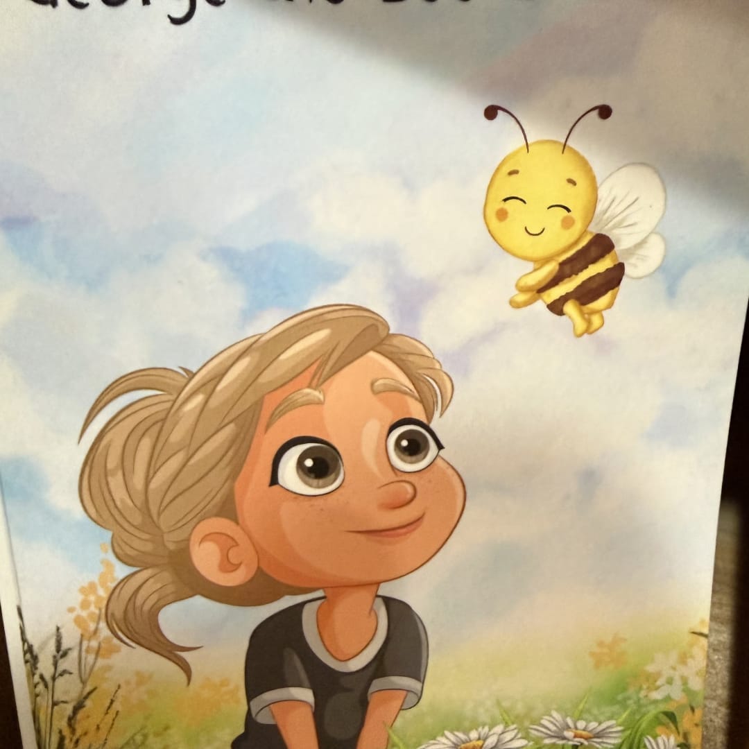 Cartoon girl looking at a smiling bee in a meadow