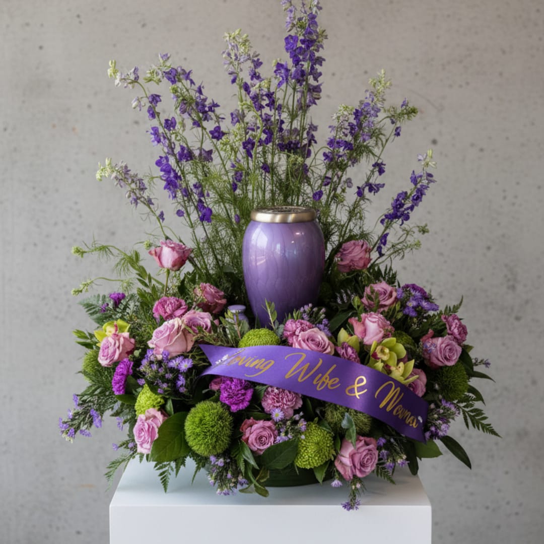 Purple and pink floral arrangement with a memorial urn and ribbon