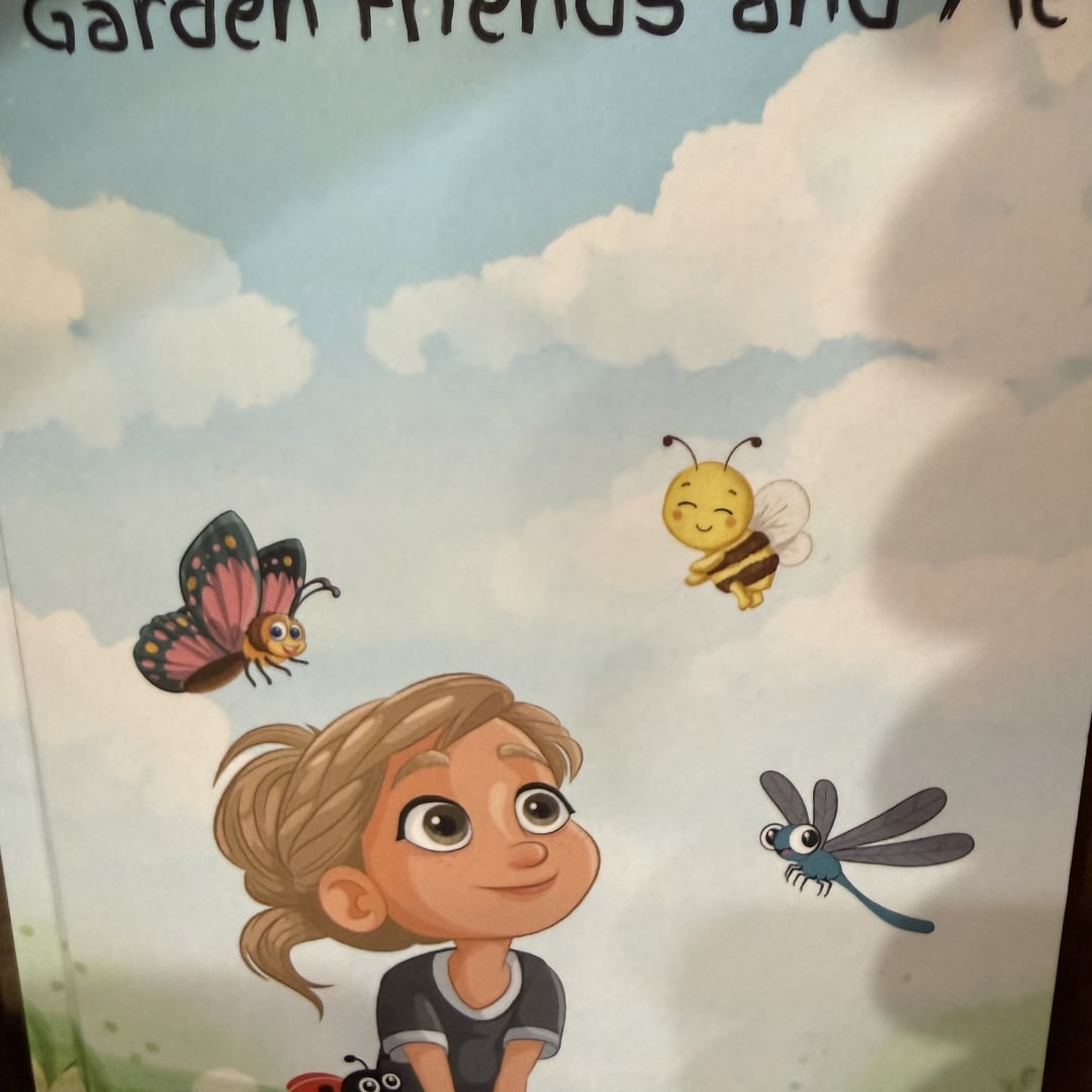 Illustrated child looking up at butterflies and a bee in a cloudy sky