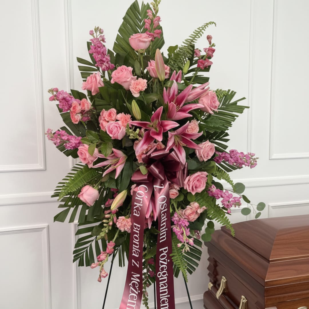Pink roses and lilies in a standing spray with a burgundy ribbon