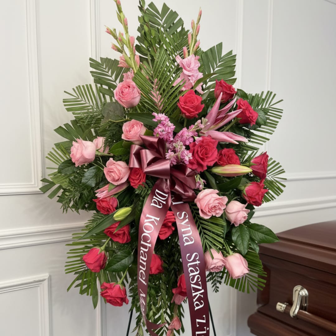 Standing floral spray with pink and red roses and a ribbon bow