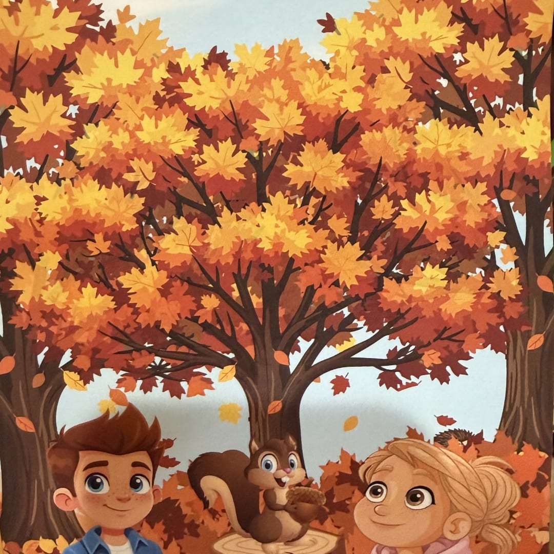 Cartoon children under autumn trees with falling leaves