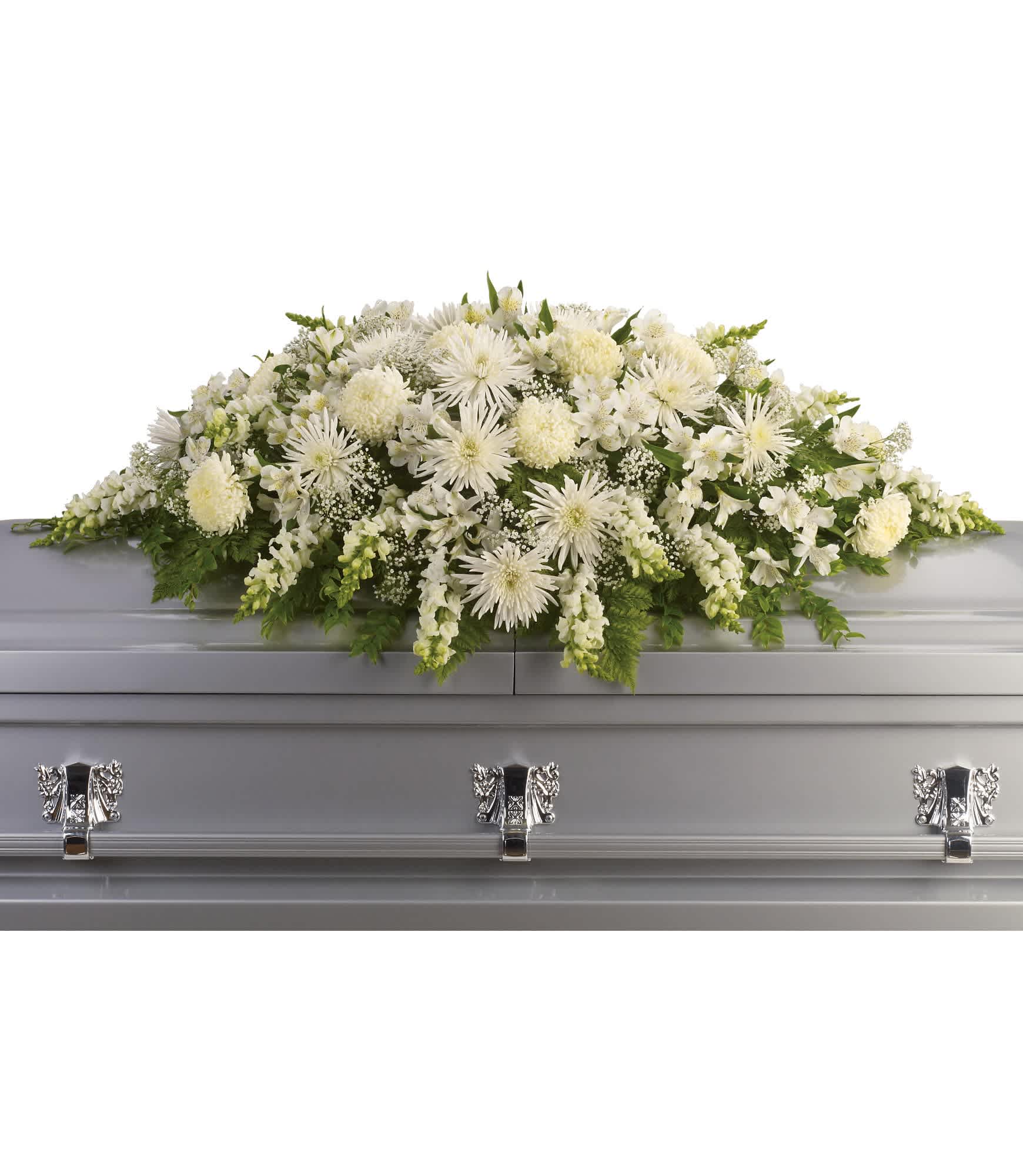 Enduring Light Casket Spray - The purity of this all-white casket spray creates an aura of serenity and peace - a beautifully memorable final farewell to a lost loved one.  