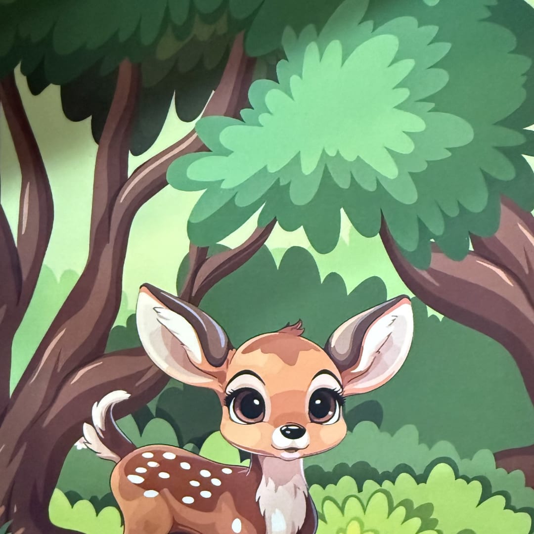 Cartoon deer standing in a forest scene