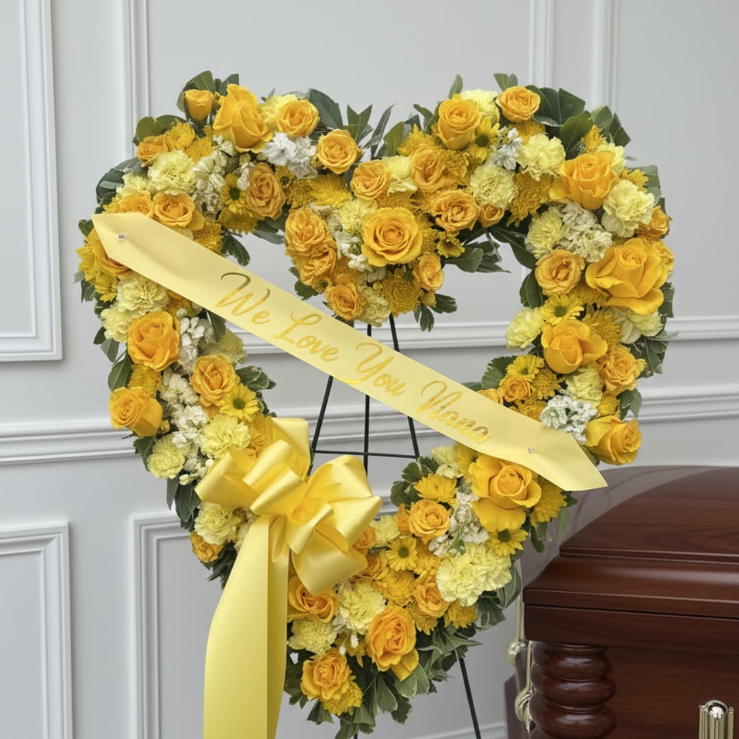 Yellow heart-shaped floral wreath with a sympathy ribbon on a stand