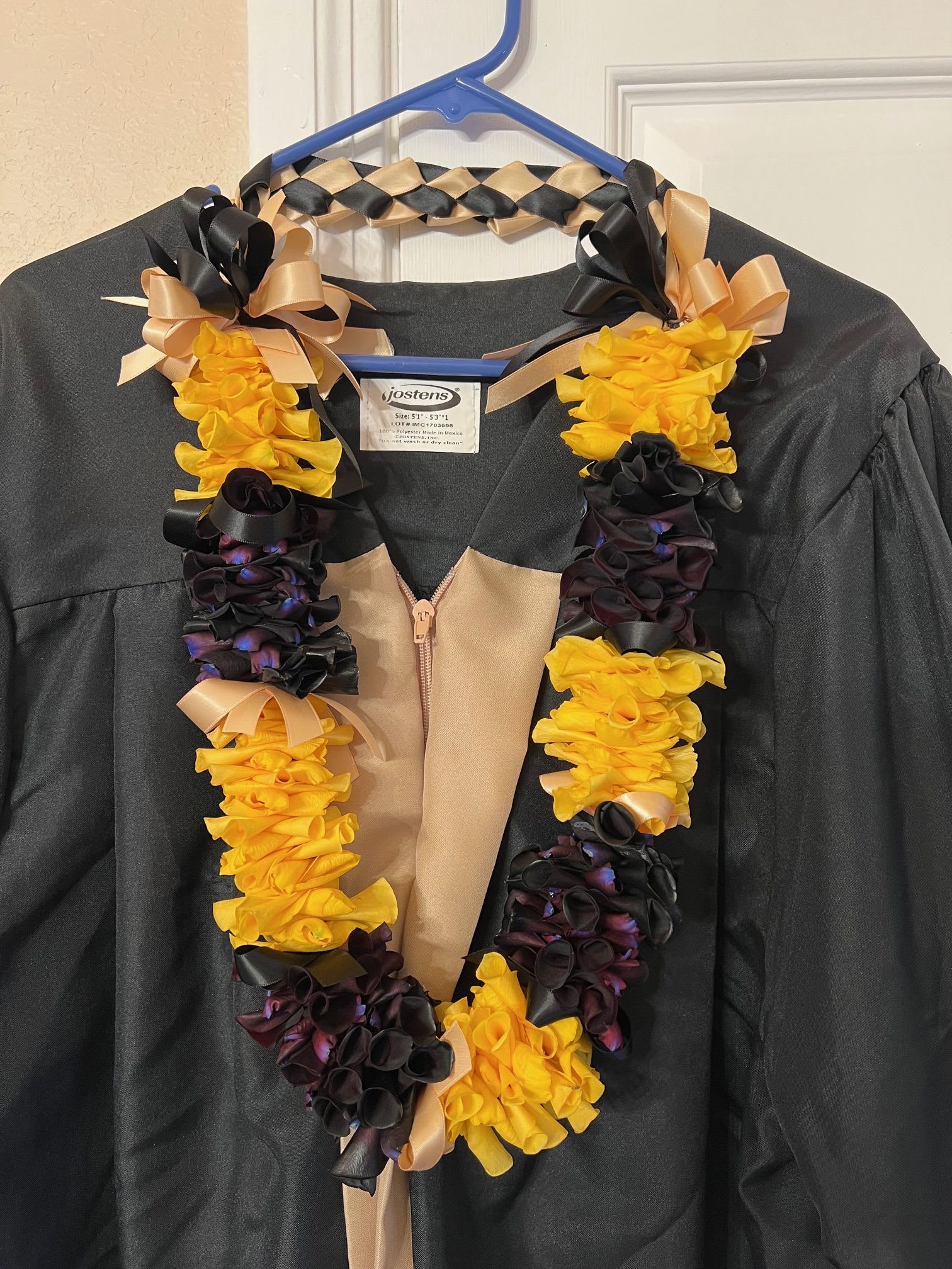 Black and yellow lei with black and gold ribbon - Black and yellow rose petals lei with black and gold ribbons