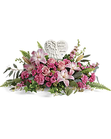 Pink lily and rose sympathy spray with angel stones