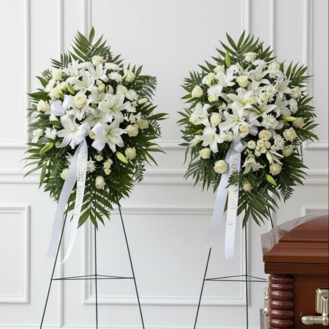 Two white funeral wreaths on stands beside a casket