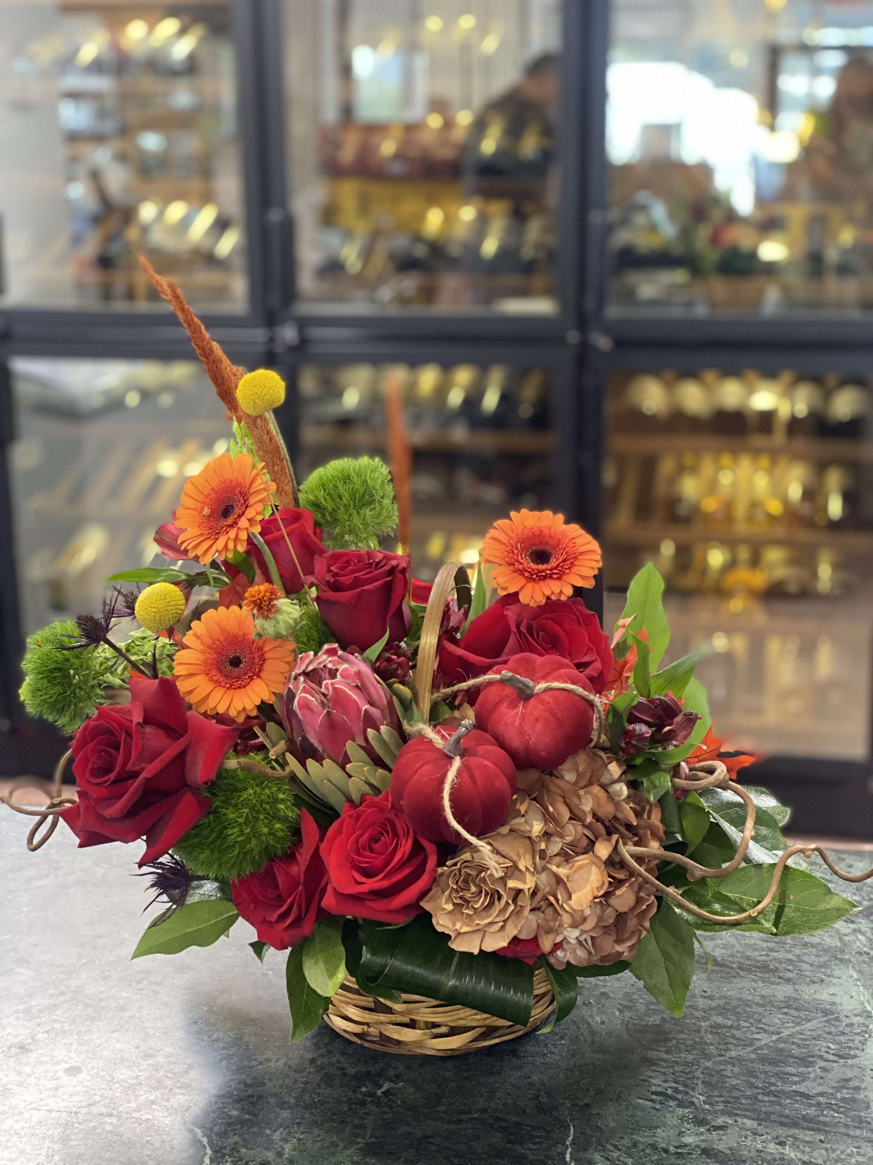Autumn Symphony - Mix autumn flowers in a basket 