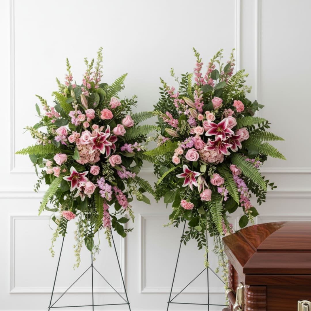 Two pink floral standing sprays on easels beside a casket
