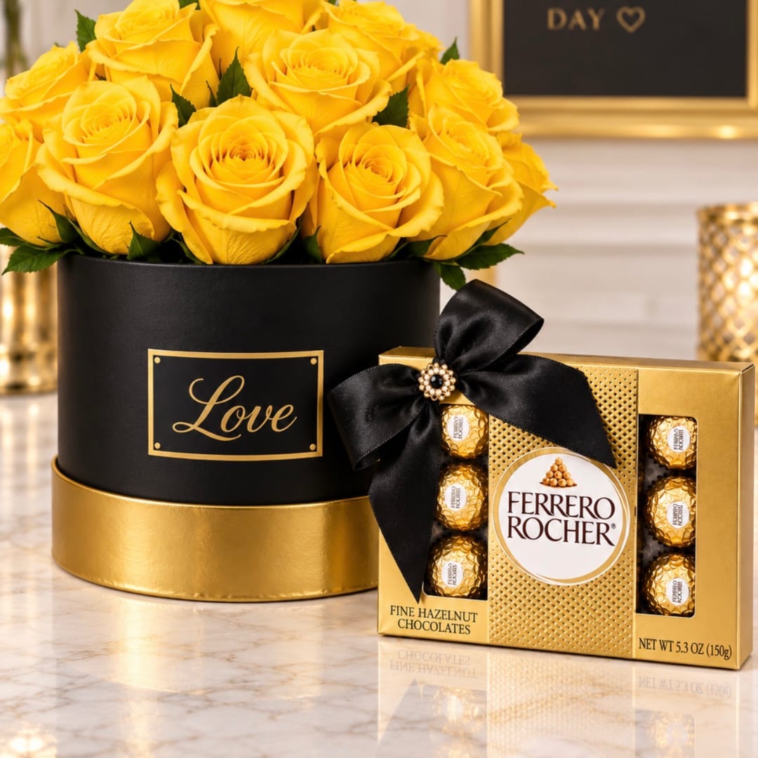 Yellow roses in a black and gold box beside a Ferrero Rocher chocolate box