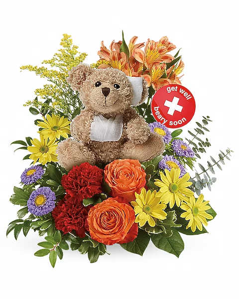 Teddy bear surrounded by colorful flowers with a get well sign