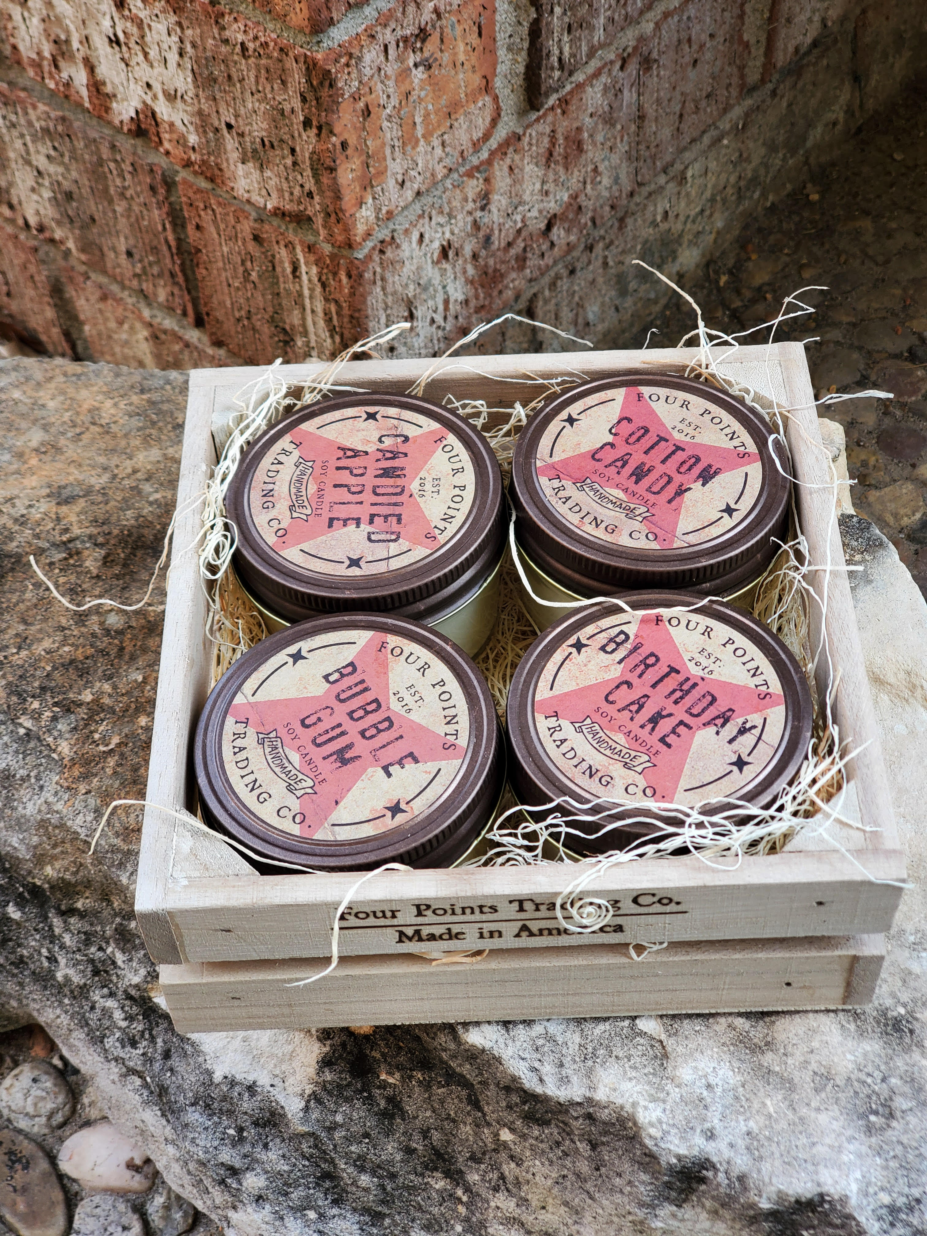 Birthday Cake, Bubble Gum, Cotton Candy, &amp; Candied Apple Candle Set - Four Points Trading Co Candle Set featuring Birthday Cake, Bubble Gum, Cotton Candy and Candied Apple. These candles will put the Birthday Person in a sweet mood to celebrate their day!  These sets pair great with a Bottle of Wine, a Floral Wrap or Vase Arrangement, Our Custom Bath Bomb/Soap Set, Warmies (Microwavable Lavender Scented Masks/Slippers/Plush Animals and Custom Gift Baskets....contact us today and we can put together a Unique Gift Set just for you! 
