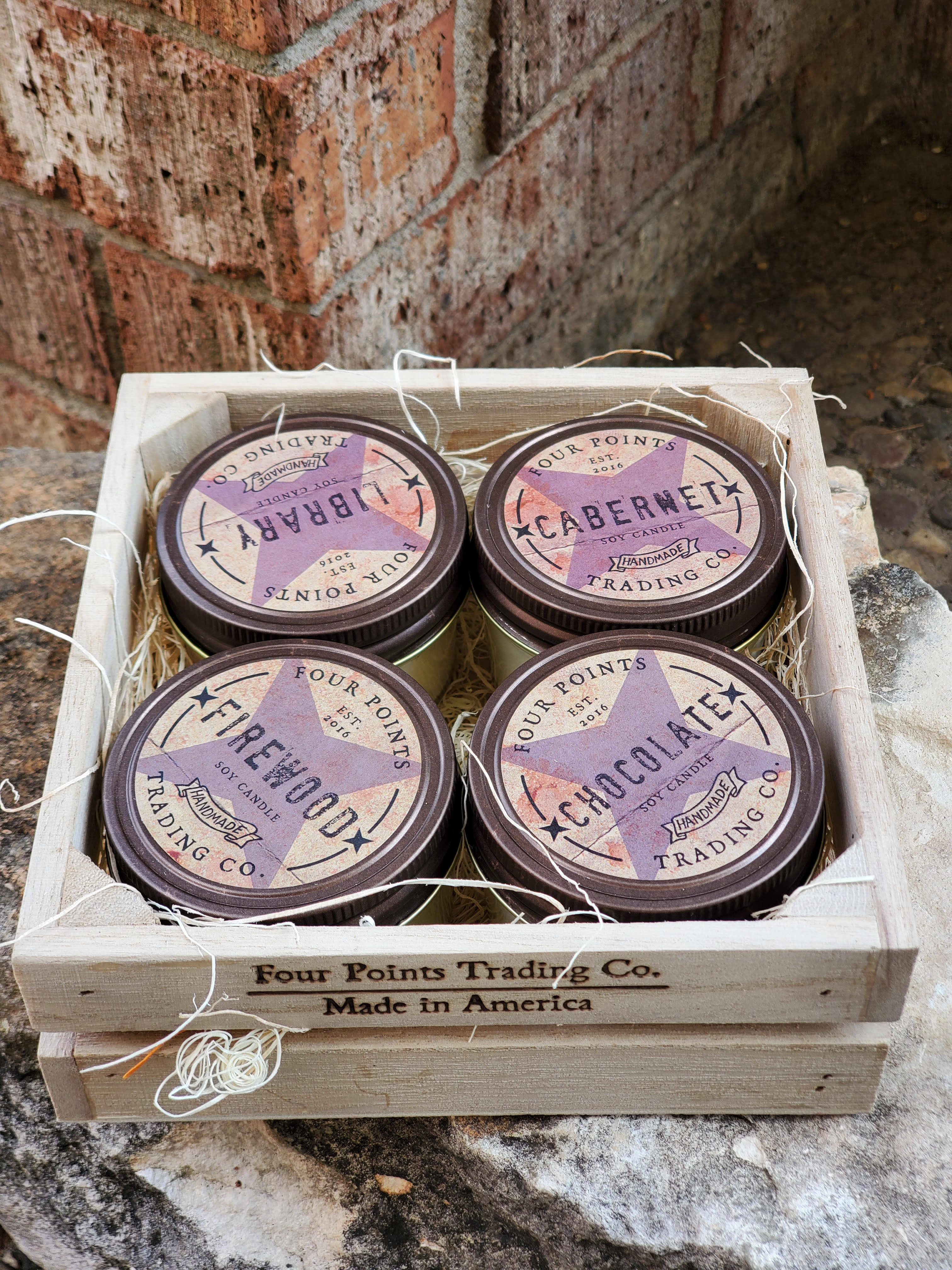 Library, Firewood, Cabernet, &amp; Chocolate Candle Set - This Candle set is giving us Beauty and The Beast Vibes. Four Points Trading Co Candles featuring Library, Firewood, Cabernet and Chocolate. Every scent you would need for a nice Romantic Evening minus the dancing dishes and the fur.  