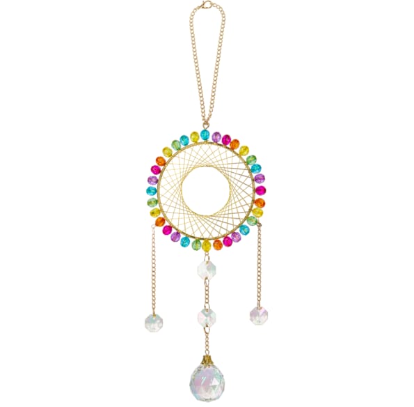 Rainbow beaded dreamcatcher pendant with dangling crystals