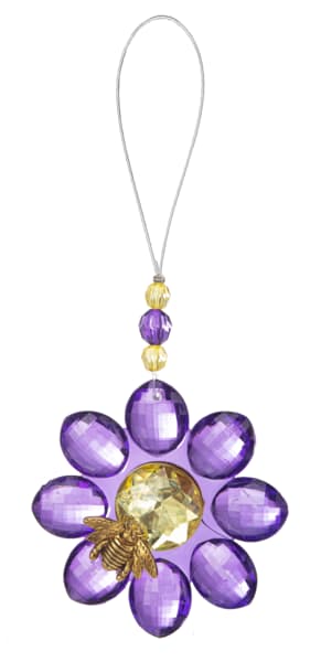 Purple beaded flower ornament with a bee charm on a hanging loop