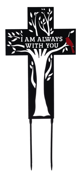 Black memorial cross stake with white tree design and red bird